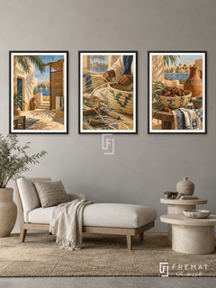 Nile Weaving — set of three complementary culture artworks in Black frames, shown at 50×70 cm each.