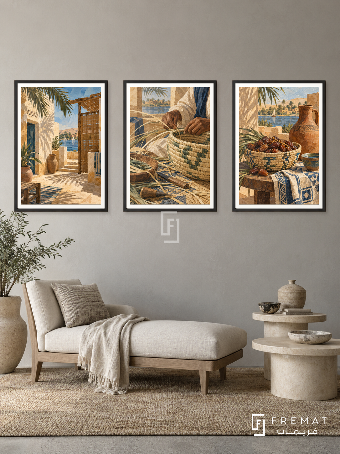 Nile Weaving — set of three complementary culture artworks in Black frames, shown at 50×70 cm each.