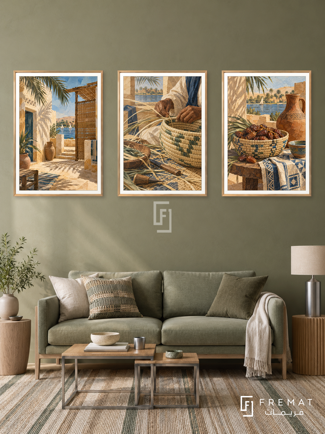 Nile Weaving — set of three complementary culture artworks in Gold frames, shown at 50×70 cm each.