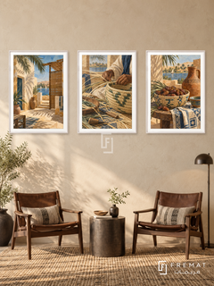 Nile Weaving — set of three complementary culture artworks in White frames, shown at 50×70 cm each.
