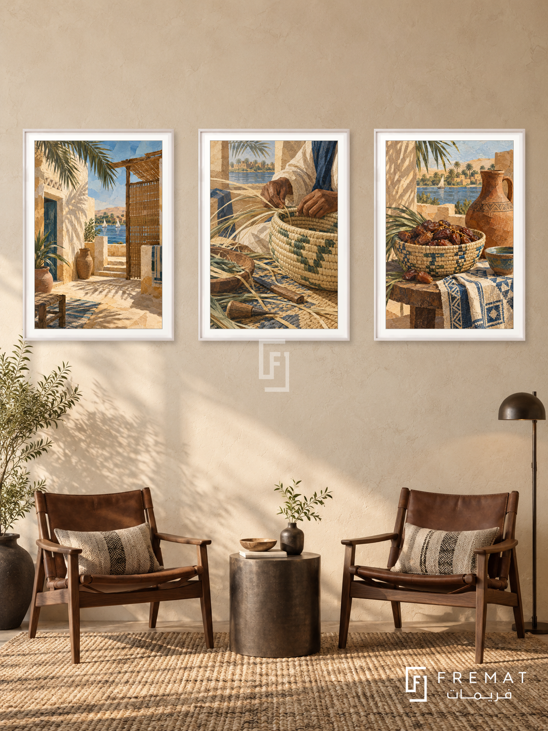 Nile Weaving — set of three complementary culture artworks in White frames, shown at 50×70 cm each.