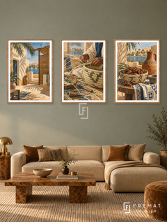 Nile Weaving — set of three complementary culture artworks in Wooden Texture frames, shown at 50×70 cm each.