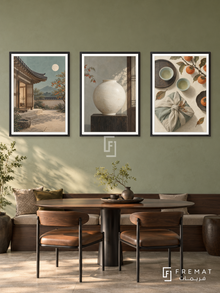 Korean Moon — set of three complementary culture artworks in Black frames, shown at 50×70 cm each.