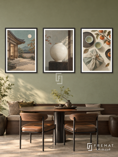 Korean Moon — set of three complementary culture artworks in Black frames, shown at 50×70 cm each.