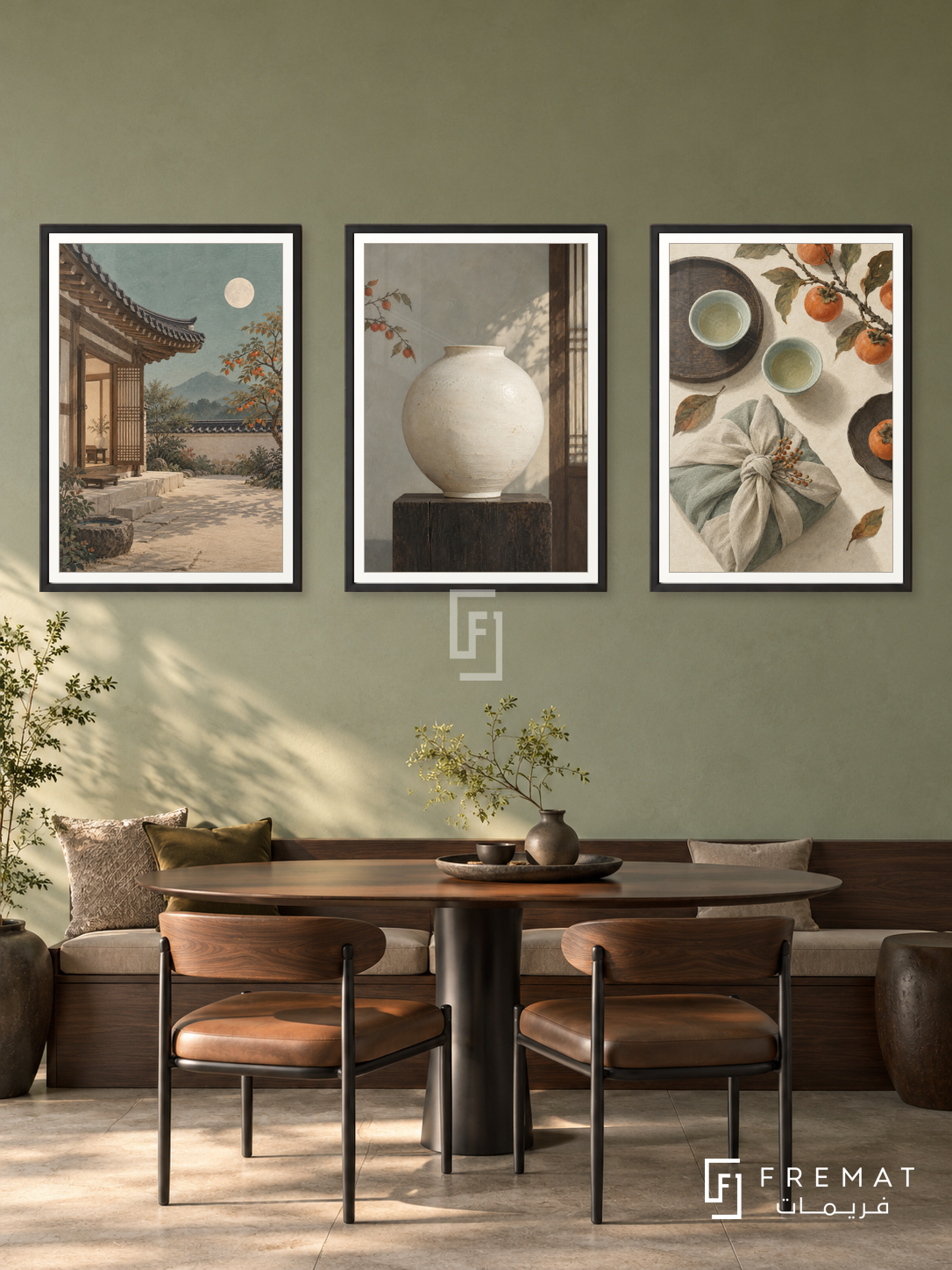 Korean Moon — set of three complementary culture artworks in Black frames, shown at 50×70 cm each.