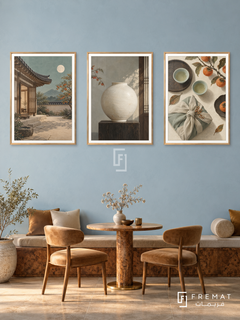 Korean Moon — set of three complementary culture artworks in Gold frames, shown at 50×70 cm each.