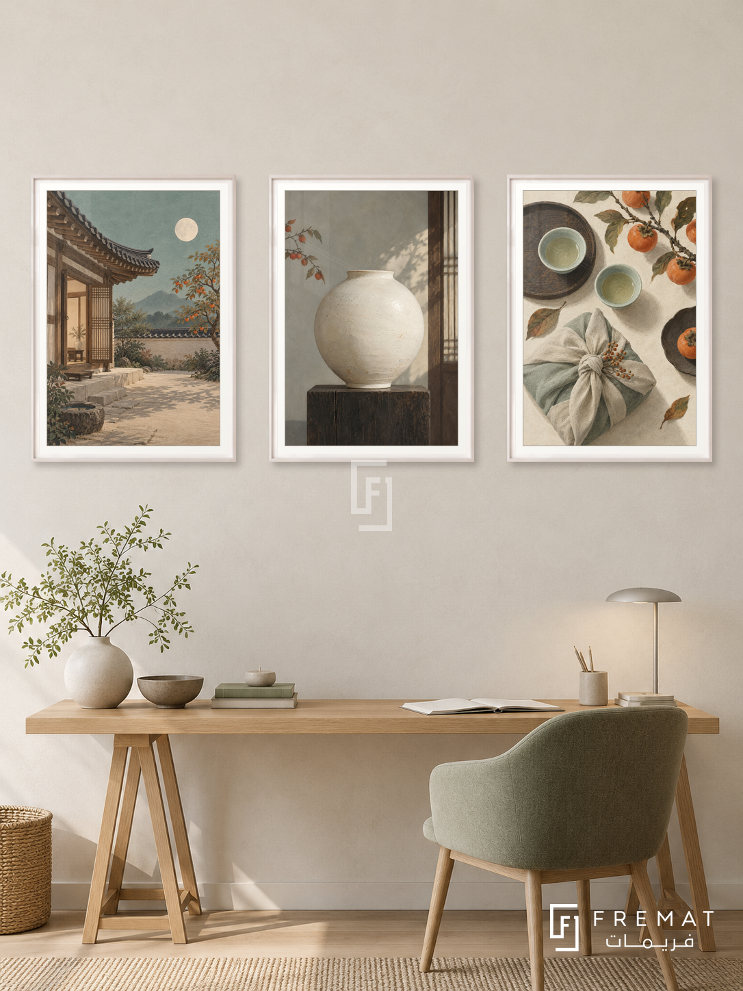 Korean Moon — set of three complementary culture artworks in White frames, shown at 50×70 cm each.