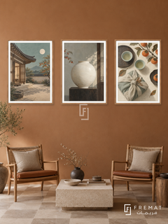 Korean Moon — set of three complementary culture artworks in Wooden Texture frames, shown at 50×70 cm each.