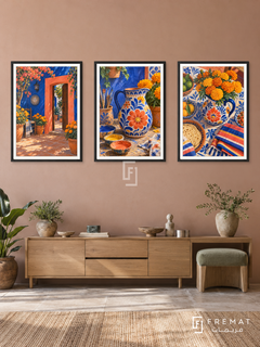 Mexican Courtyard — set of three complementary culture artworks in Black frames, shown at 50×70 cm each.