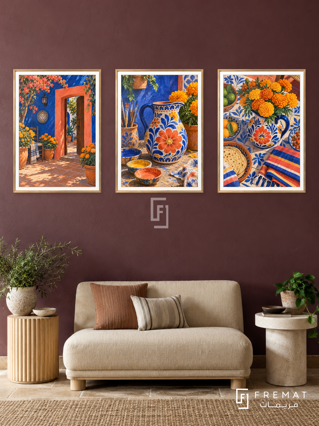 Mexican Courtyard — set of three complementary culture artworks in Gold frames, shown at 50×70 cm each.