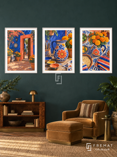 Mexican Courtyard — set of three complementary culture artworks in White frames, shown at 50×70 cm each.