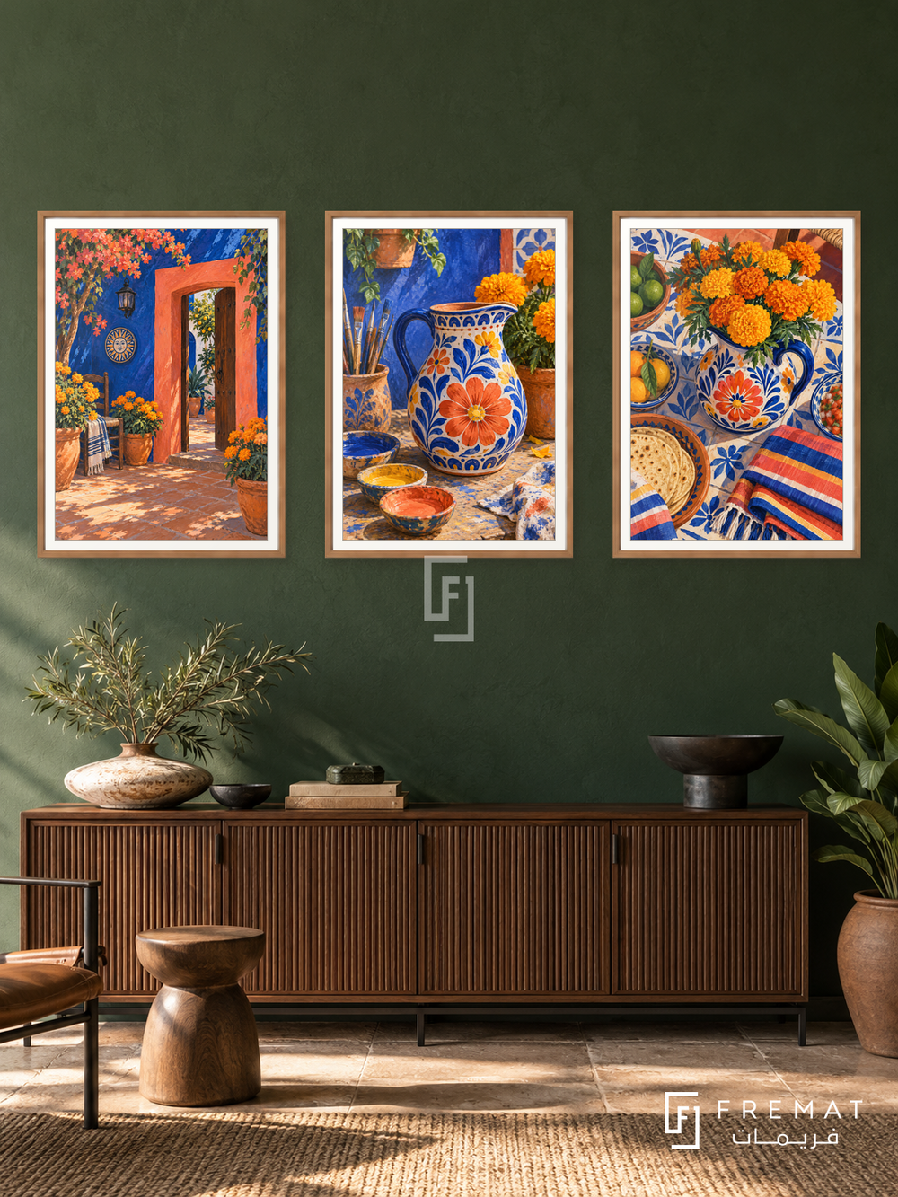 Mexican Courtyard — set of three complementary culture artworks in Wooden Texture frames, shown at 50×70 cm each.