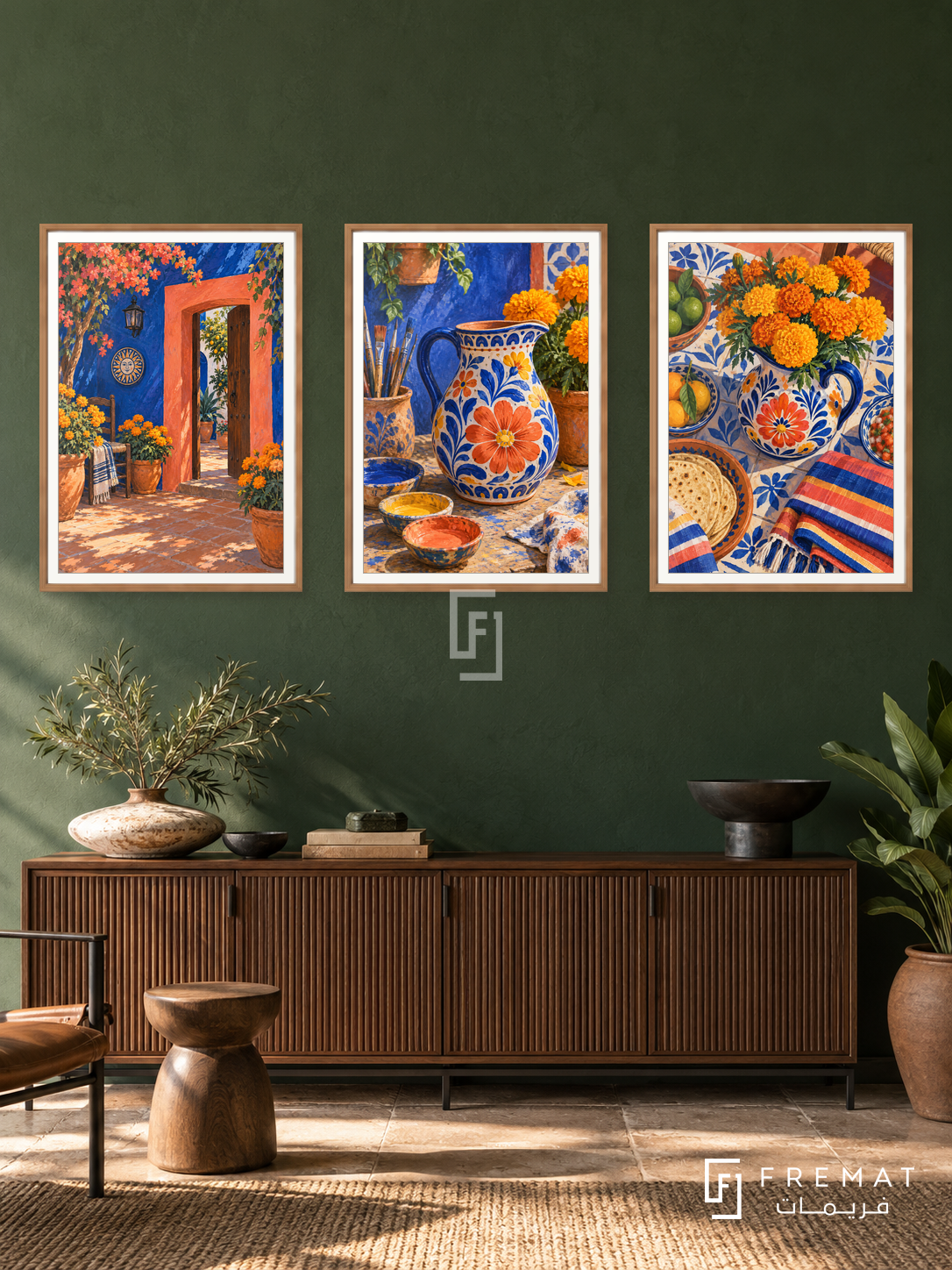 Mexican Courtyard — set of three complementary culture artworks in Wooden Texture frames, shown at 50×70 cm each.