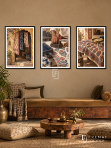 Indian Blockprint — set of three complementary culture artworks in Black frames, shown at 50×70 cm each.