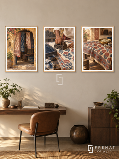 Indian Blockprint — set of three complementary culture artworks in Gold frames, shown at 50×70 cm each.