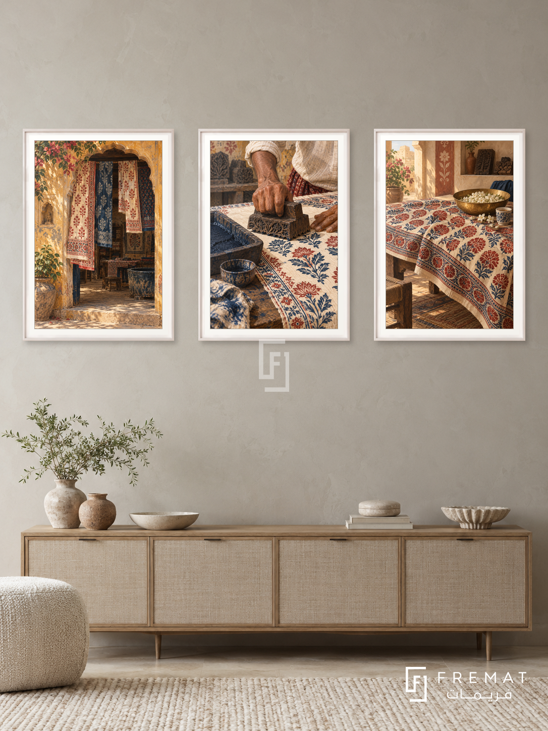 Indian Blockprint — set of three complementary culture artworks in White frames, shown at 50×70 cm each.