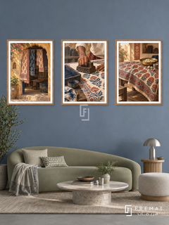 Indian Blockprint — set of three complementary culture artworks in Wooden Texture frames, shown at 50×70 cm each.