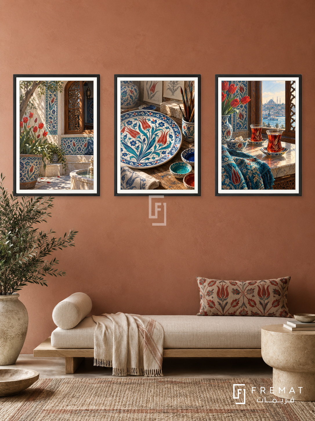 Turkish Tulip — set of three complementary culture artworks in Black frames, shown at 50×70 cm each.