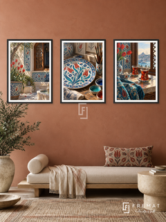Turkish Tulip — set of three complementary culture artworks in Black frames, shown at 50×70 cm each.