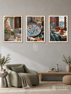 Turkish Tulip — set of three complementary culture artworks in Gold frames, shown at 50×70 cm each.