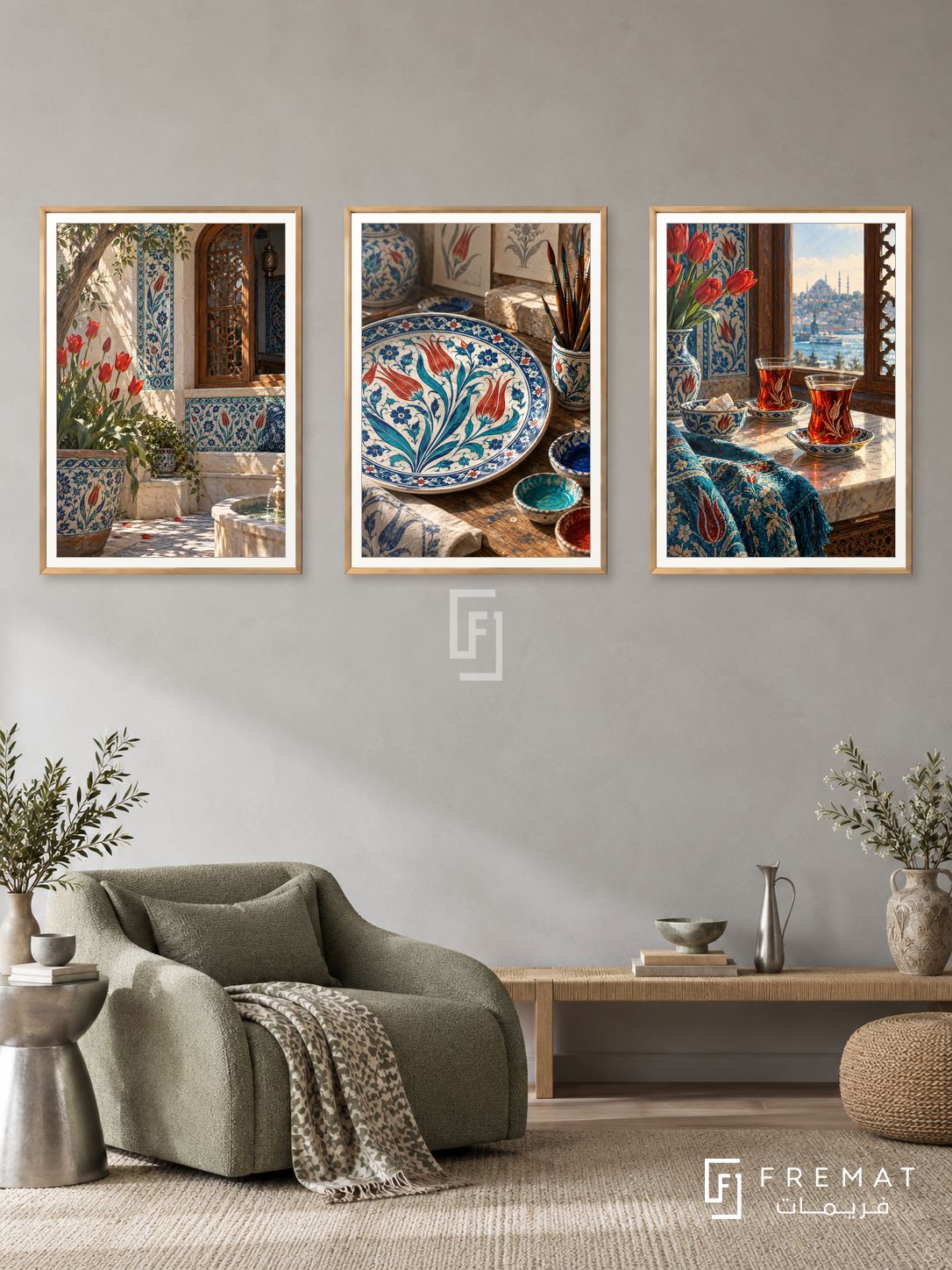 Turkish Tulip — set of three complementary culture artworks in Gold frames, shown at 50×70 cm each.