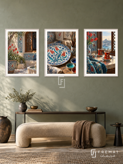 Turkish Tulip — set of three complementary culture artworks in White frames, shown at 50×70 cm each.