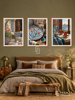 Turkish Tulip — set of three complementary culture artworks in Wooden Texture frames, shown at 50×70 cm each.