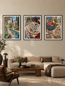 Persian Garden — set of three complementary culture artworks in Black frames, shown at 50×70 cm each.