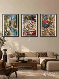 Persian Garden — set of three complementary culture artworks in Black frames, shown at 50×70 cm each.