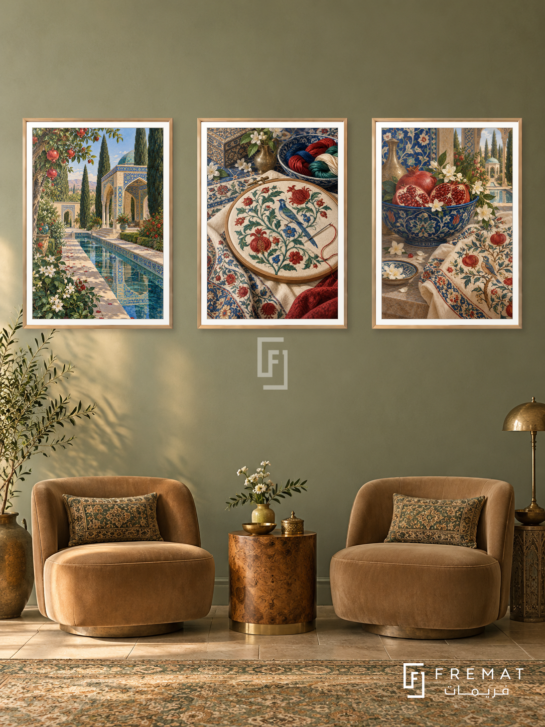 Persian Garden — set of three complementary culture artworks in Gold frames, shown at 50×70 cm each.