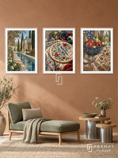 Persian Garden — set of three complementary culture artworks in White frames, shown at 50×70 cm each.