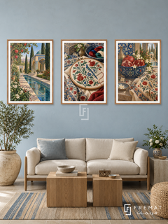 Persian Garden — set of three complementary culture artworks in Wooden Texture frames, shown at 50×70 cm each.