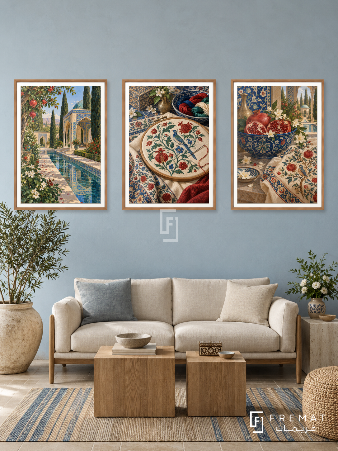 Persian Garden — set of three complementary culture artworks in Wooden Texture frames, shown at 50×70 cm each.