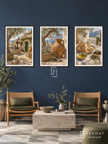 Greek Olive — set of three complementary culture artworks in Black frames, shown at 50×70 cm each.