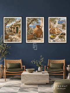 Greek Olive — set of three complementary culture artworks in Black frames, shown at 50×70 cm each.