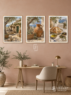 Greek Olive — set of three complementary culture artworks in Gold frames, shown at 50×70 cm each.