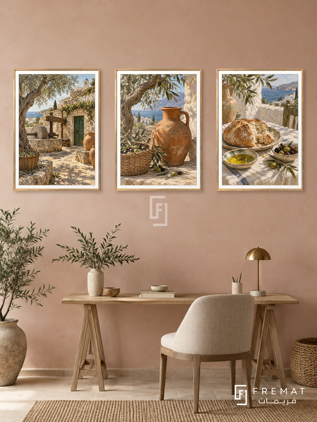 Greek Olive — set of three complementary culture artworks in Gold frames, shown at 50×70 cm each.