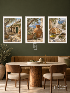 Greek Olive — set of three complementary culture artworks in White frames, shown at 50×70 cm each.