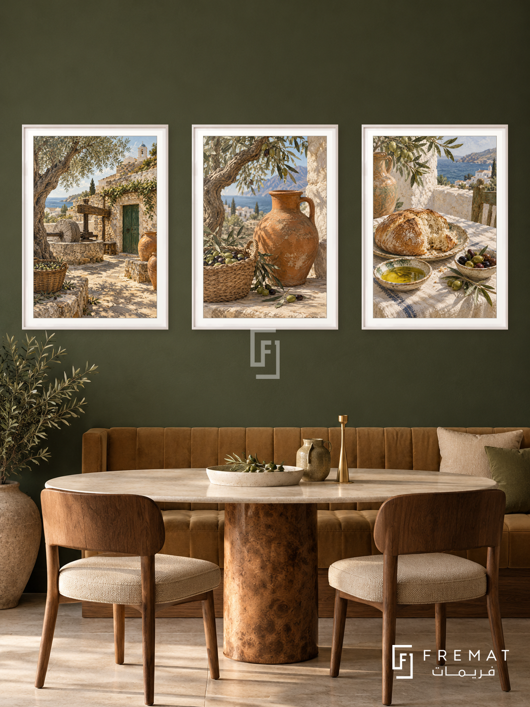 Greek Olive — set of three complementary culture artworks in White frames, shown at 50×70 cm each.