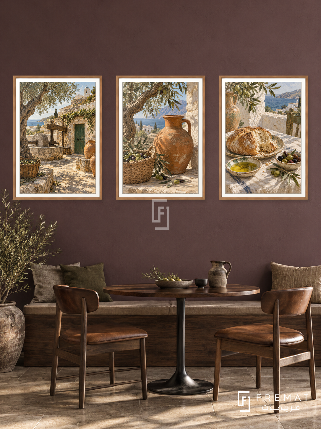 Greek Olive — set of three complementary culture artworks in Wooden Texture frames, shown at 50×70 cm each.