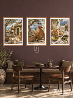 Greek Olive — set of three complementary culture artworks in Wooden Texture frames, shown at 50×70 cm each.