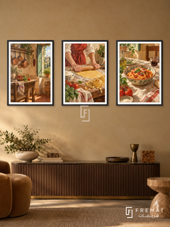 Italian Table — set of three complementary culture artworks in Black frames, shown at 50×70 cm each.