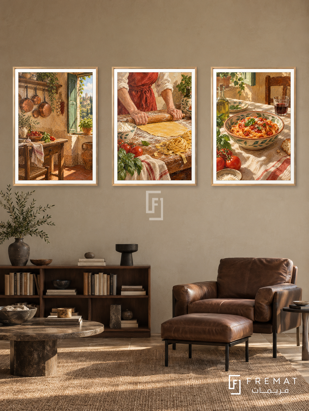 Italian Table — set of three complementary culture artworks in Gold frames, shown at 50×70 cm each.