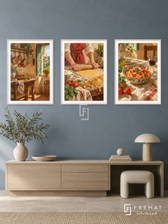 Italian Table — set of three complementary culture artworks in White frames, shown at 50×70 cm each.