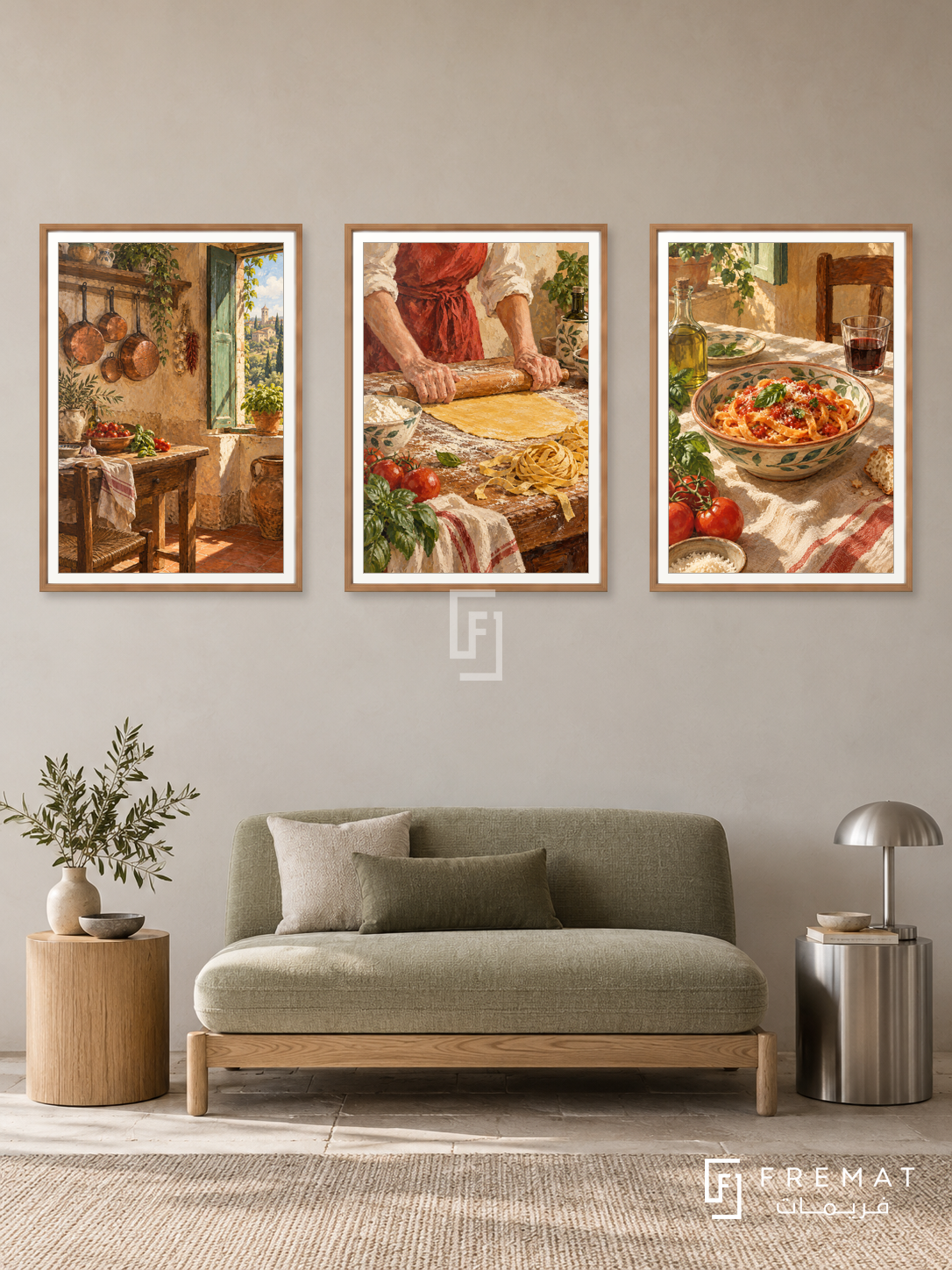 Italian Table — set of three complementary culture artworks in Wooden Texture frames, shown at 50×70 cm each.
