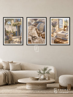 French Linen — set of three complementary culture artworks in Black frames, shown at 50×70 cm each.