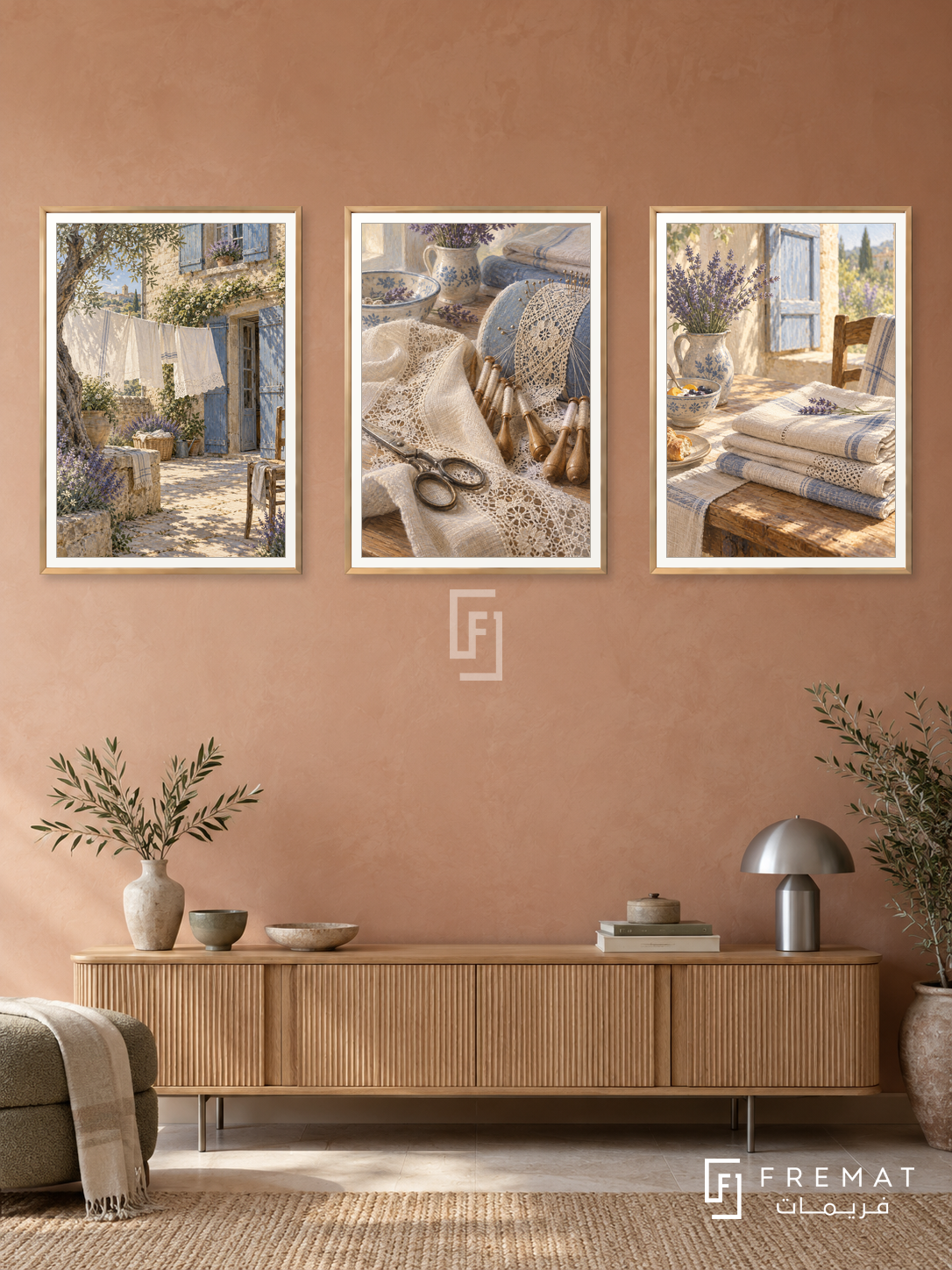 French Linen — set of three complementary culture artworks in Gold frames, shown at 50×70 cm each.