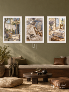 French Linen — set of three complementary culture artworks in White frames, shown at 50×70 cm each.