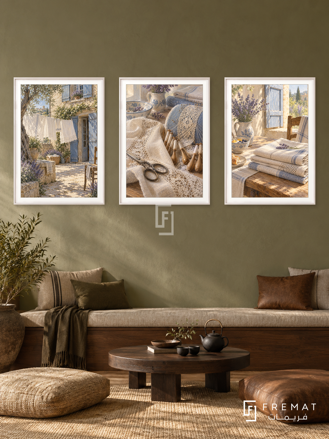 French Linen — set of three complementary culture artworks in White frames, shown at 50×70 cm each.