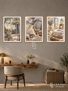 French Linen — set of three complementary culture artworks in Wooden Texture frames, shown at 50×70 cm each.